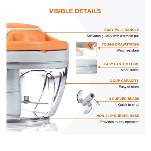 Zelle Manual Food Processor Vegetable Chopper, Portable Hand Pull String Garlic Mincer Onion Cutter for Veggies, Ginger, Fruits, Nuts, Herbs, etc., 500ml