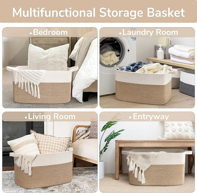 Large Woven Storage Basket – 21.6"x14.9"x11.8" Rectangle Cotton Rope Basket for Blankets, Toys & Home Organization | Decorative Bin for Living Room & Bedroom (White & Brown)