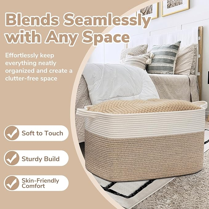 Large Woven Storage Basket – 21.6"x14.9"x11.8" Rectangle Cotton Rope Basket for Blankets, Toys & Home Organization | Decorative Bin for Living Room & Bedroom (White & Brown)