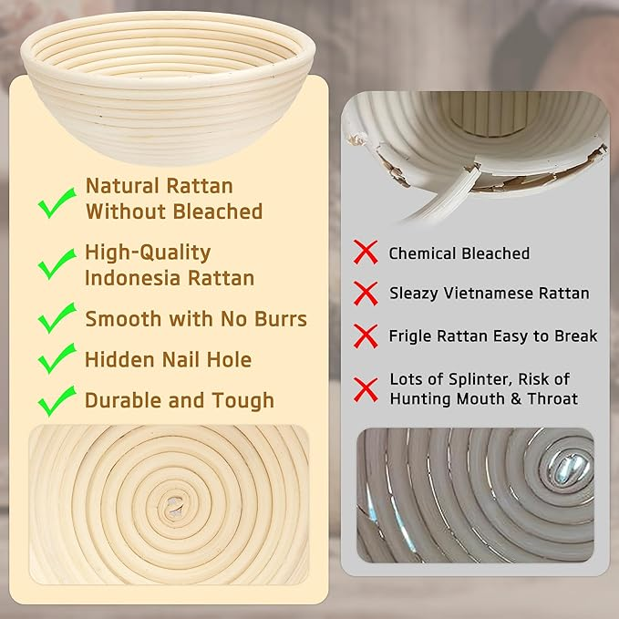 Bread Proofing Basket Set – 2 Pack Oval & Round 10x6 Inch Banneton Baskets with Covers | Rattan Sourdough Rising Bowls for Baking, Dough Proofer Kit & Gift for Artisan Bakers