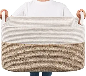 Large Woven Storage Basket – 21.6"x14.9"x11.8" Rectangle Cotton Rope Basket for Blankets, Toys & Home Organization | Decorative Bin for Living Room & Bedroom (White & Brown)