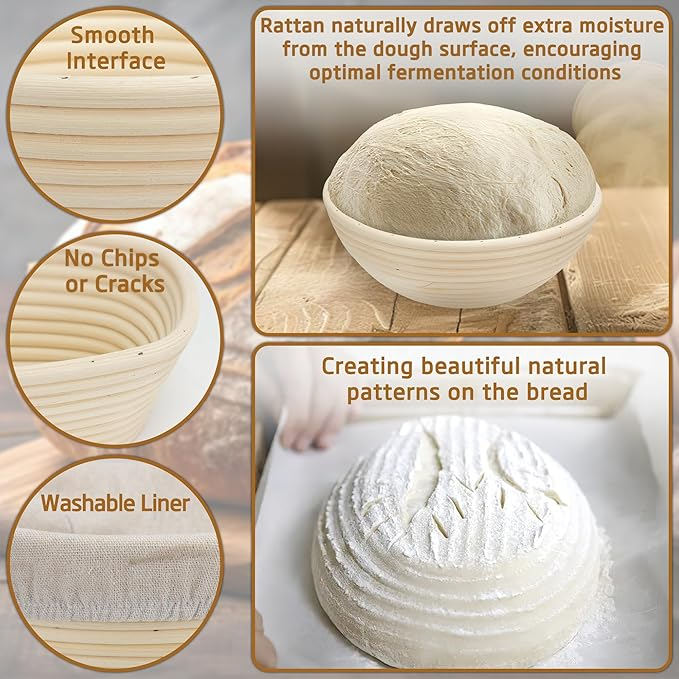 Bread Proofing Basket Set – 2 Pack Oval & Round 10x6 Inch Banneton Baskets with Covers | Rattan Sourdough Rising Bowls for Baking, Dough Proofer Kit & Gift for Artisan Bakers