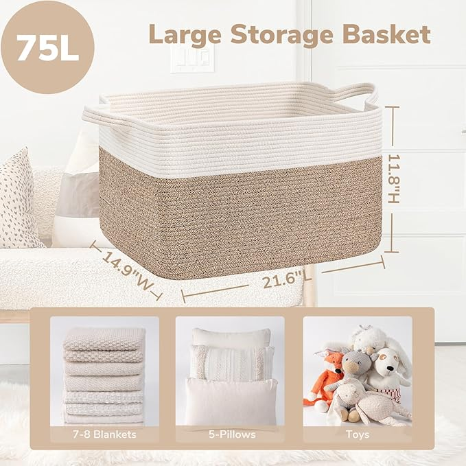 Large Woven Storage Basket – 21.6"x14.9"x11.8" Rectangle Cotton Rope Basket for Blankets, Toys & Home Organization | Decorative Bin for Living Room & Bedroom (White & Brown)