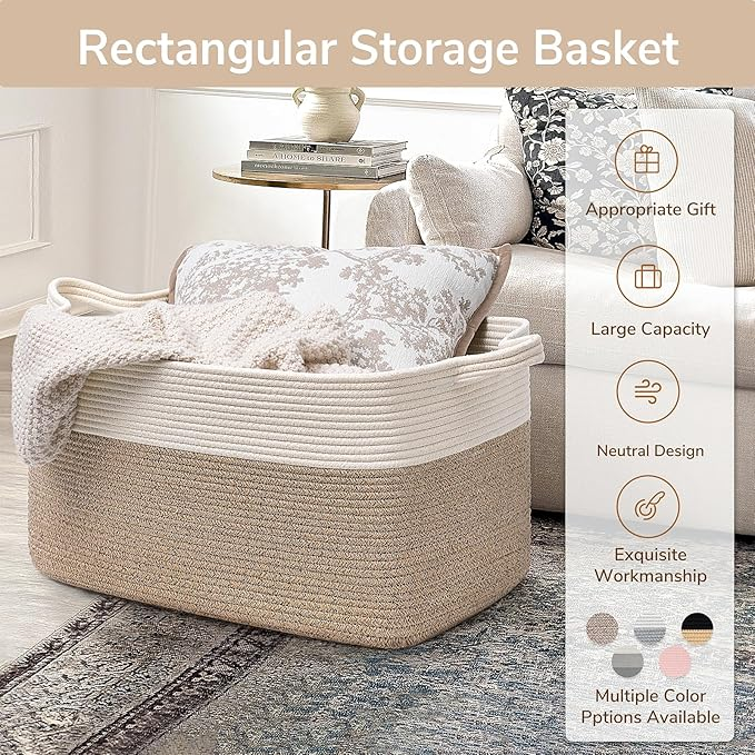 Large Woven Storage Basket – 21.6"x14.9"x11.8" Rectangle Cotton Rope Basket for Blankets, Toys & Home Organization | Decorative Bin for Living Room & Bedroom (White & Brown)