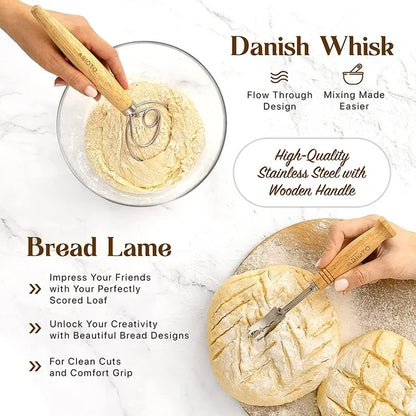 Sourdough Bread Baking Supplies and Proofing Baskets, A Complete Bread Making Kit Including 14 Pieces  Oval Bannetons, Bread Lame, Danish Whisk, Bowl & Dough Scrapers, and Linen Liners
