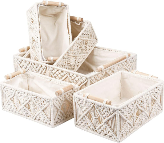 ANMINY 5PCS Macrame Storage Baskets for Organizing Boho Decor Baskets Storage Bins with Wood Handles Handmade Decorative Storage Boxes with Removable Liner Toilet Tank Bathroom Self Basket Organizer