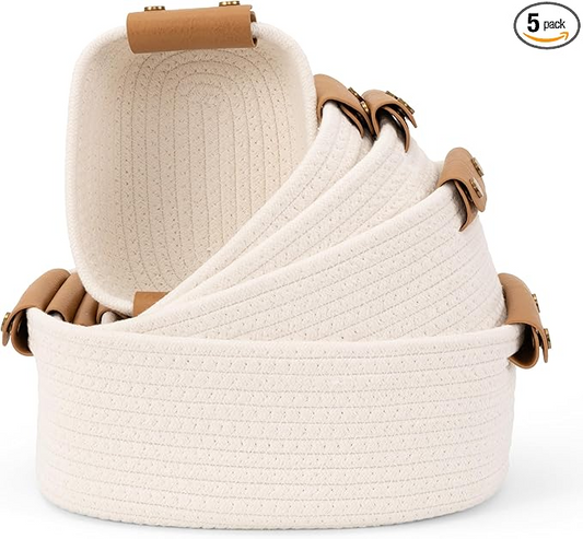 Beautiful Storage Basket Set of 5 - Sturdy Cotton Rope Baskets for Shelves Are Perfect for Organizing Your Home - Quality Storage Bins Easily Fit With Any Nursery or Bedroom Decor