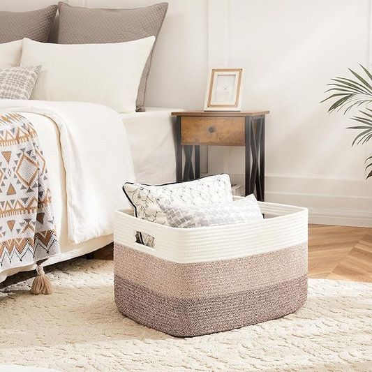 Large Rectangle Woven Blanket Basket – 65L Decorative Storage Bin for Laundry, Toys, Clothes & Magazines | Cotton Rope Basket for Nursery, Baby Room & Living Room Shelves