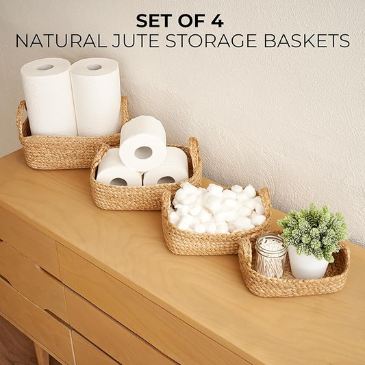 Beautiful Storage Basket Set of 4 - Natural Jute Rope Baskets for Shelves Are Perfect for Organizing Your Home - Quality Storage Bins Easily Fit With Any Nursery or Bedroom Decor