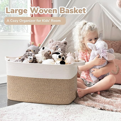 Large Woven Storage Basket – 21.6"x14.9"x11.8" Rectangle Cotton Rope Basket for Blankets, Toys & Home Organization | Decorative Bin for Living Room & Bedroom (White & Brown)