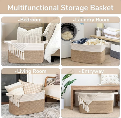 Large Woven Storage Basket – 21.6"x14.9"x11.8" Rectangle Cotton Rope Basket for Blankets, Toys & Home Organization | Decorative Bin for Living Room & Bedroom (White & Brown)