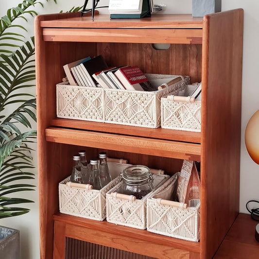ANMINY 5PCS Macrame Storage Baskets for Organizing Boho Decor Baskets Storage Bins with Wood Handles Handmade Decorative Storage Boxes with Removable Liner Toilet Tank Bathroom Self Basket Organizer