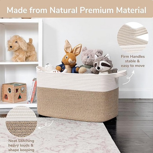 Large Woven Storage Basket – 21.6"x14.9"x11.8" Rectangle Cotton Rope Basket for Blankets, Toys & Home Organization | Decorative Bin for Living Room & Bedroom (White & Brown)