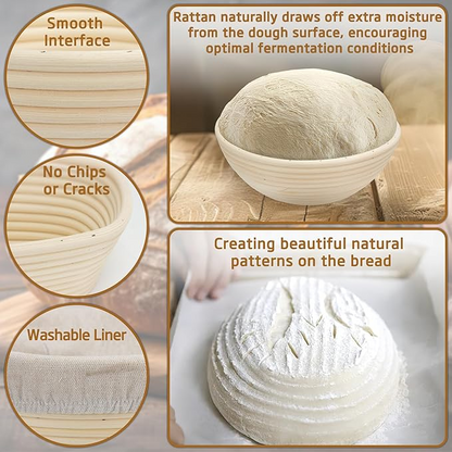 Bread Proofing Basket Set – 2 Pack Oval & Round 10x6 Inch Banneton Baskets with Covers | Rattan Sourdough Rising Bowls for Baking, Dough Proofer Kit & Gift for Artisan Bakers