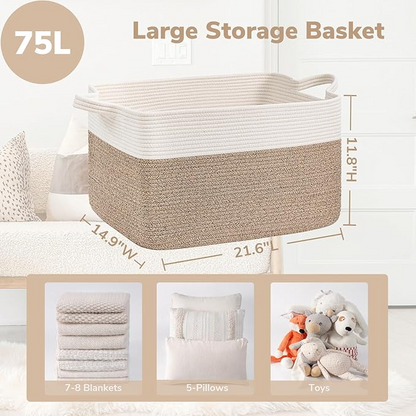 Large Woven Storage Basket – 21.6"x14.9"x11.8" Rectangle Cotton Rope Basket for Blankets, Toys & Home Organization | Decorative Bin for Living Room & Bedroom (White & Brown)