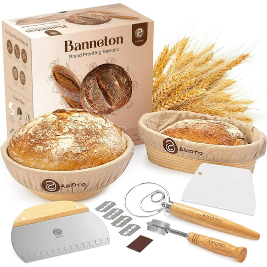 Sourdough Bread Baking Supplies and Proofing Baskets, A Complete Bread Making Kit Including 14 Pieces  Oval Bannetons, Bread Lame, Danish Whisk, Bowl & Dough Scrapers, and Linen Liners