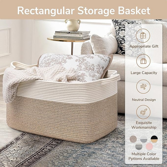 Large Woven Storage Basket – 21.6"x14.9"x11.8" Rectangle Cotton Rope Basket for Blankets, Toys & Home Organization | Decorative Bin for Living Room & Bedroom (White & Brown)