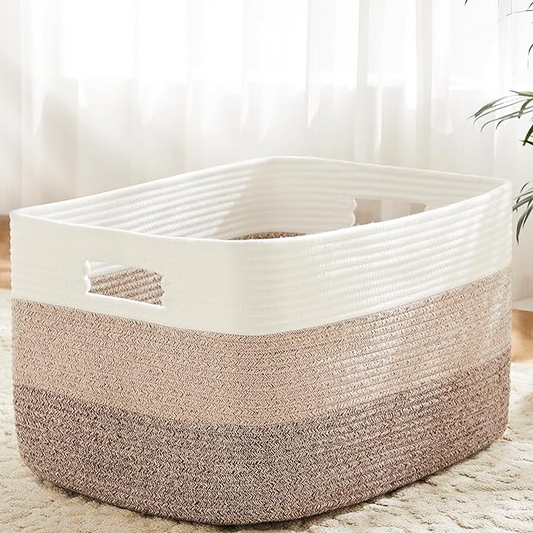 Large Rectangle Woven Blanket Basket – 65L Decorative Storage Bin for Laundry, Toys, Clothes & Magazines | Cotton Rope Basket for Nursery, Baby Room & Living Room Shelves