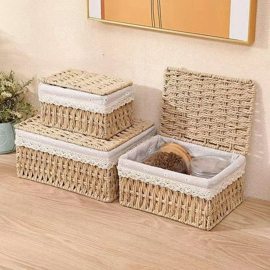 MEHOOM Wicker Woven Set of 3 Storage & Organization,Storage Baskets & Bins,Decorative Storage with Lid
