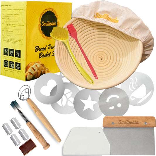 BREAD PROOFING BASKET 9" Baking Bowl Dough for Bakers Round w/ Scraper free ship